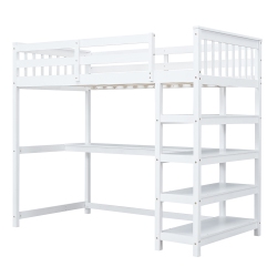 KEPOOMAN Twin Size Loft Bed With Storage Shelves, Under-Bed Desk And Led Light In White