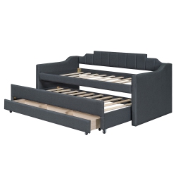 KEPOOMAN Twin Size Upholstered Daybed With Trundle And Three Drawers, Gray