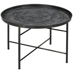 HOMCOM 24" Round Coffee Table With Hammered Floral Tray Top, Vintage Metal Center Table for Living Room, Side Table, Pewter