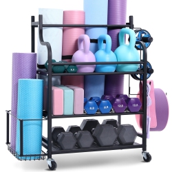 VEVOR Yoga Mat Storage Rack, Home Gym Workout Equipment Organizer, Powder Coated Finish Steel Yoga Mat Holder \w Hooks & Wheels, Weight Rack For