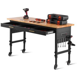 VEVOR 60" Workbench, 1500 Lbs Load Capacity, Work Bench \w Drawer Storage, Power Outlet, Wheels, And Pegboard, Oak Wood Top Work Table for Garage