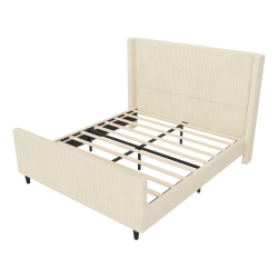 KEPOOMAN High Headboard Corduroy Upholstered Bed Frame With Vertical Stripe Wingback And High Footboard In Cream - Queen Size
