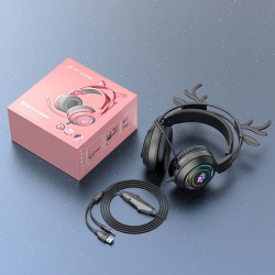 THE WAY Computer Headset Cute Deer Ears Detachable Ps5 Mobile Phone Wired Headset Stereo Gaming Headset Competitive Game \w Led Light Heavy Bass