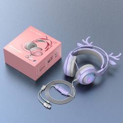 THE WAY Computer Headset Cute Deer Ears Detachable Ps5 Mobile Phone Wired Headset Stereo Gaming Headset Competitive Game \w Led Light Heavy Bass