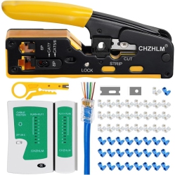 CHZHLM Rj45 Pass-Through Crimp Tool Kit – Ethernet Crimper for Cat7/cat6/cat5, 8P & 6P Connectors, Includes Cable Tester, Covers, Connectors &