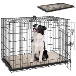 PAWHUT Dog Crate, 41" Folding Metal Dog Kennel With 2 Doors, Removable Tray, Soft Cushion, Handle, Pet Cage for Extra Large Dogs In Black