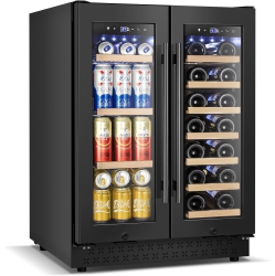 VELIETA Wine And Beverage Refrigerator \w Glass Door, 24-Inch Dual Zone Wine Fridge Under-Counter, 4.6 Cu.ft. 65 Cans And 20 Bottles Wine