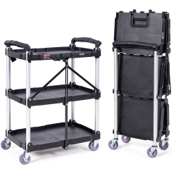 VEVOR 3 Shelf Foldable Utility Service Cart, 165Lbs Plastic Rolling Cart \w Lockable Wheels, Ergonomic Handle, Garage Tool Cart For