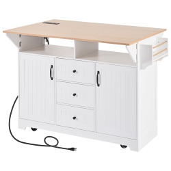 KEPOOMAN 55.7" Kitchen Island With 2 Drop Leaf for 4-6 Seating, Rolling Kitchen Cart On 5 Wheels With Power Outlet - In White