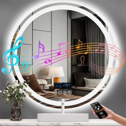 UNHO Luvodi 32" Round Led Bathroom Mirror \w Lights, Wall Mounted Vanity Mirror \w 3 Colors Dimmable Light, Bluetooth Speaker, Anti-Fog, Memory