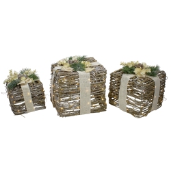NORTHLIGHT Set Of 3 Led Rattan Christmas Gift Boxes With Pine Cones - 13" In Silver
