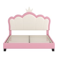 KEPOOMAN Upholstered Princess Bed With Crown Headboard, Full Size Platform Bed With Headboard And Footboard - In Pink