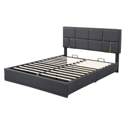 KEPOOMAN Queen Size Upholstered Pu Leather Platform Bed With Hydraulic Storage System - In Black