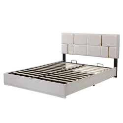 KEPOOMAN Queen Size Upholstered Velvet Leather Platform Bed With Hydraulic Storage System - In Beige