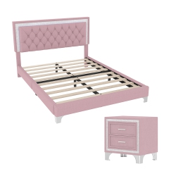 KEPOOMAN 3-Pieces Bedroom Sets, Queen Size Upholstered Platform Bed With Led Lights And 2 Nightstands - In Pink