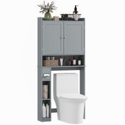 HOMCOM Over The Toilet Storage Cabinet, Modern Above Toilet Storage Cabinet \w 2 Doors, Shelves, Toilet Paper Holder, Freestanding Space Saver For