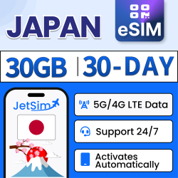 JETSIM Japan Sim Qr Code (30 Days), 30GB High-Speed Data, Immediate Access On Docomo Network, No Need to Wait for Delivery, Sim Qr Code