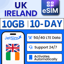 JETSIM Uk & Ireland Sim Qr Code (10 Days), High-Speed Data, Plug & Play, No Need to Wait for Delivery, Sim Qr Code