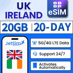JETSIM Uk & Ireland Sim Qr Code (20 Days), High-Speed Data, Plug & Play, No Need to Wait for Delivery, Sim Qr Code