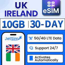 JETSIM Uk & Ireland Sim Qr Code (30 Days), 10GB High-Speed Data, Plug & Play, No Need to Wait for Delivery, Sim Qr Code