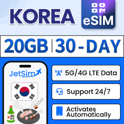 JETSIM South Korea Sim Qr Code (30 Days), 20GB High-Speed Data, Immediate Access On Skt, No Need to Wait for Delivery, Sim Qr Code
