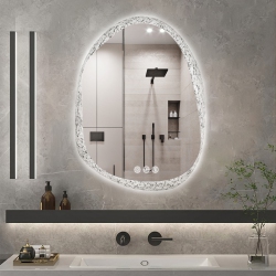 UNHO Luvodi Lighted Led Bathroom Mirror 20"x28" Irregular Stone Pattern Frosted Wall Vanity Mirror \w Bright Back Lit Modern Dimmable Smart Mirror