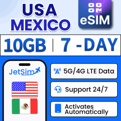 JETSIM Usa & Mexico Sim Qr Code (7 Days), 10GB Of High-Speed Data, No Activation Required