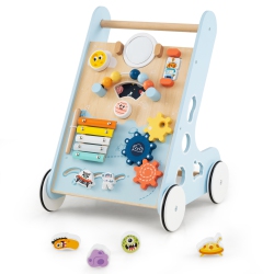 GYMAX Wooden Baby Walker Push & Pull Learning Activity Center W/ Wheels Push Toy In Blue