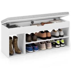 GYMAX Shoe Bench Home Entryway Shoes Storage Bench W/ Padded Seat & Hidden Storage In White
