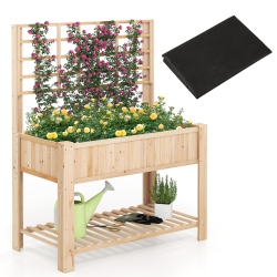 GYMAX Raised Garden Bed W/ Trellis Wooden Elevated Planter Box W/ Legs & Liner Natural