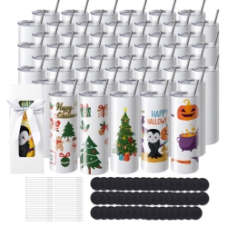 VEVOR 50 Pack Straight Sublimation Tumblers, 20 OZ Blank Tumbler Bulk, Stainless Steel Double Wall Tumbler Cups \w Straw, Lid, Brush, Base, Shrink