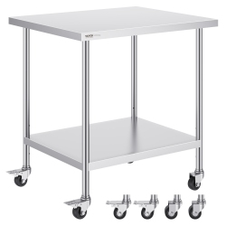 VEVOR 30 X 36 X 38 Inch Stainless Steel Work Table, \w 4 Wheels, 3 Adjustable Height Levels, Heavy Duty Food Prep Worktable for Commercial Kitchen