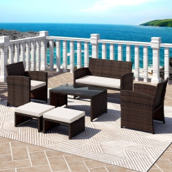 GYMAX 6 PCs Patio Furniture Set W/ 1 Loveseat 1 Coffee Table 2 Armchairs 2 Ottomans