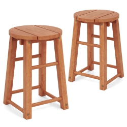 GYMAX Outdoor Wood Bar Stools Set Of 2 W/round Seat Footrest Patio Backless Barstools