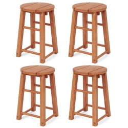 GYMAX Outdoor Wood Bar Stools Set Of 4 W/round Seat Footrest Patio Backless Barstools