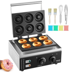 VEVOR 1550W Electric Donut Maker, Commercial Doughnut Machine \w Non-Stick Surface, 6 Holes Double-Sided Heating Waffle Machine Makes 6 Doughnuts