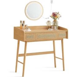 SONGMICS HOME Songmics Boho Makeup Vanity With 3 Rattan-Look Drawers, Dimmable Light With 3 Color Settings, Oak In Beige