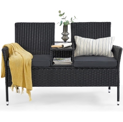 SONGMICS HOME Songmics Outdoor Pe Rattan Garden Loveseat With Table – Armchair And Sofa Set With Cushions In And Dark Gray In Black