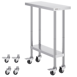 VEVOR 30 X 12 X 38 Inch Stainless Steel Work Table, \w 4 Wheels, 3 Adjustable Height Levels, Heavy Duty Food Prep Worktable for Commercial Kitchen