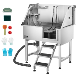 VEVOR 38 Inch Stainless Steel Dog Washing Station, Pet Grooming Tub \w Storage Stairs, Faucet & Showerhead & Soap Holder Dog Bathtub for Large &