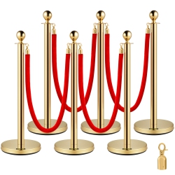 VEVOR 6-Pack Stainless Steel Gold-Colo Stanchion Set With Retractable Rope, 38 Inches - Suitable for Indoor & Outdoor In Red