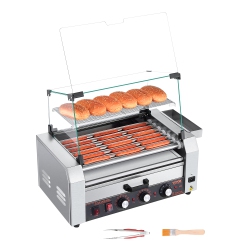 VEVOR 1200W Hot Dog Roller, 18 Hot Dog 7 Rollers, Stainless Steel Cooker, \w Bun Warmer, Cover, 3 Temp Control, Side Storage Box, Oil Drip Tray, For