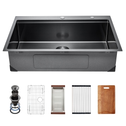 VEVOR 33 Inch Kitchen Sink Workstation, 304 Stainless Steel Top Mount Sinks, Drop-In Single Bowl Farmhouse Basin \w Ledge & Multiple Accessories