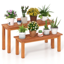 GYMAX Wooden Plant Stand Set Of 2 W/ Teak Oil Finish Slatted Top Rustic Plant Rack