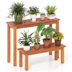 GYMAX Wooden Plant Stand Set Of 2 W/ Teak Oil Finish Slatted Top Rustic Plant Rack