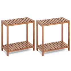 GYMAX 2PCs 2-Tier Side Table Teak Wood Stand Utility Storage Shelf Entryway Bench
