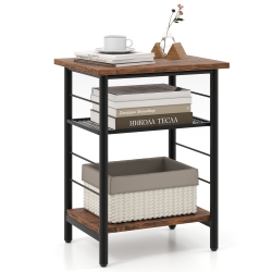 GYMAX 3-Tier Side End Table W/ Adjustable Mesh Shelf Narrow Nightstand