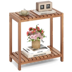 GYMAX 2-Tier Side Table Teak Wood Stand Utility Storage Shelf Organizer Entryway Bench