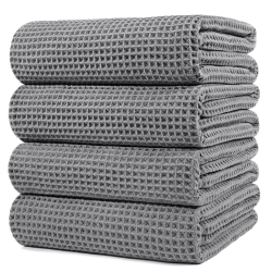 POLYTE Microfiber Oversize Quick Dry Lint Free Bath Towel, 60 X 30 In, 4 Pack (Gray, Waffle Weave)