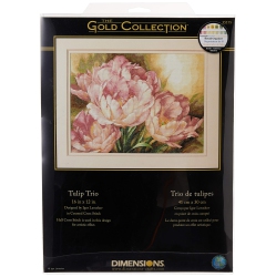 DIMENSIONS Collection Counted Cross Stitch Kit, Tulip Trio, 14 Count Ivory Aida, 16 Inch X 12 Inch In Gold